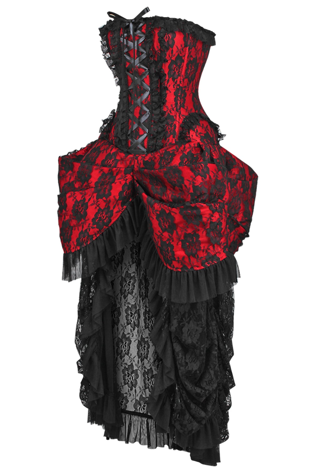 Daisy Corsets Top Drawer Steel Boned Red w/Black Lace Bustle Corset Dress