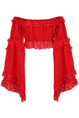 Daisy Corsets Red Smocked Flare Sleeve Peasant Top