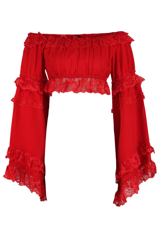 Daisy Corsets Red Smocked Flare Sleeve Peasant Top