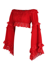 Daisy Corsets Red Smocked Flare Sleeve Peasant Top