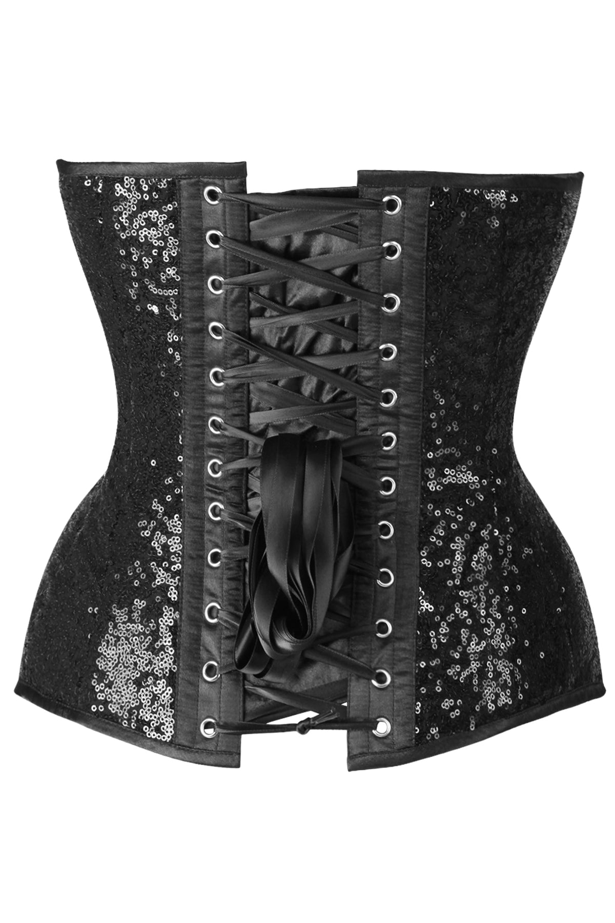 Daisy Corsets Top Drawer Steel Boned Black Sequin Plunge Neckline Overbust Corset