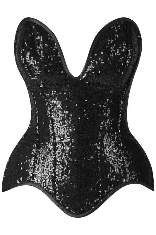 Daisy Corsets Top Drawer Steel Boned Black Sequin Plunge Neckline Overbust Corset