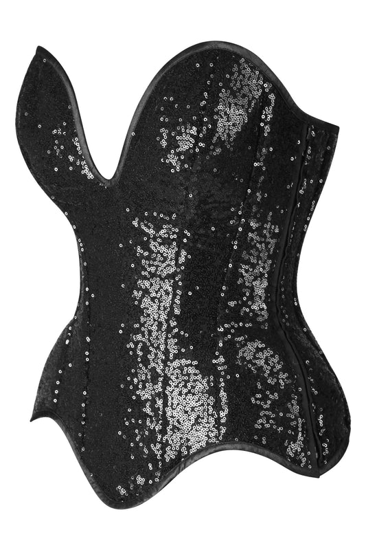 Daisy Corsets Top Drawer Steel Boned Black Sequin Plunge Neckline Overbust Corset - Daisy Corsets