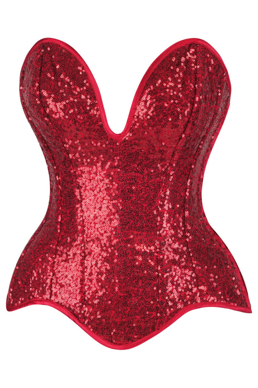 Daisy Corsets Top Drawer Steel Boned Red Sequin Plunge Neckline Overbust Corset