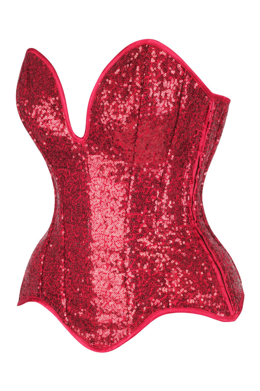 Daisy Corsets Top Drawer Steel Boned Red Sequin Plunge Neckline Overbust Corset