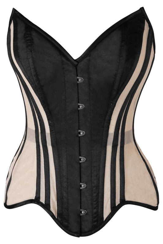 Daisy Corsets Top Drawer Nude Mesh & Black Satin Steel Boned Overbust Corset - Daisy Corsets