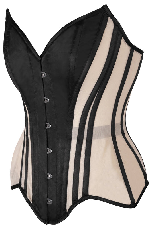 Daisy Corsets Top Drawer Nude Mesh & Black Satin Steel Boned Overbust Corset - Daisy Corsets