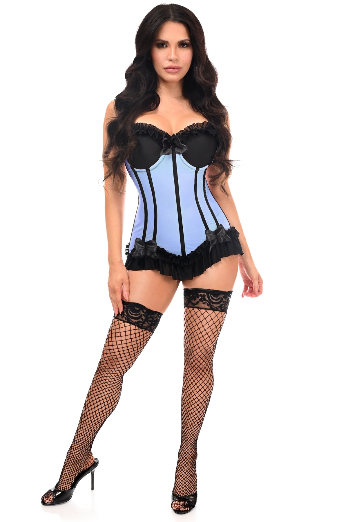 Daisy Corsets Lavish Lt Blue w/Black Lycra Hook & Eye Stretch Bustier Corset