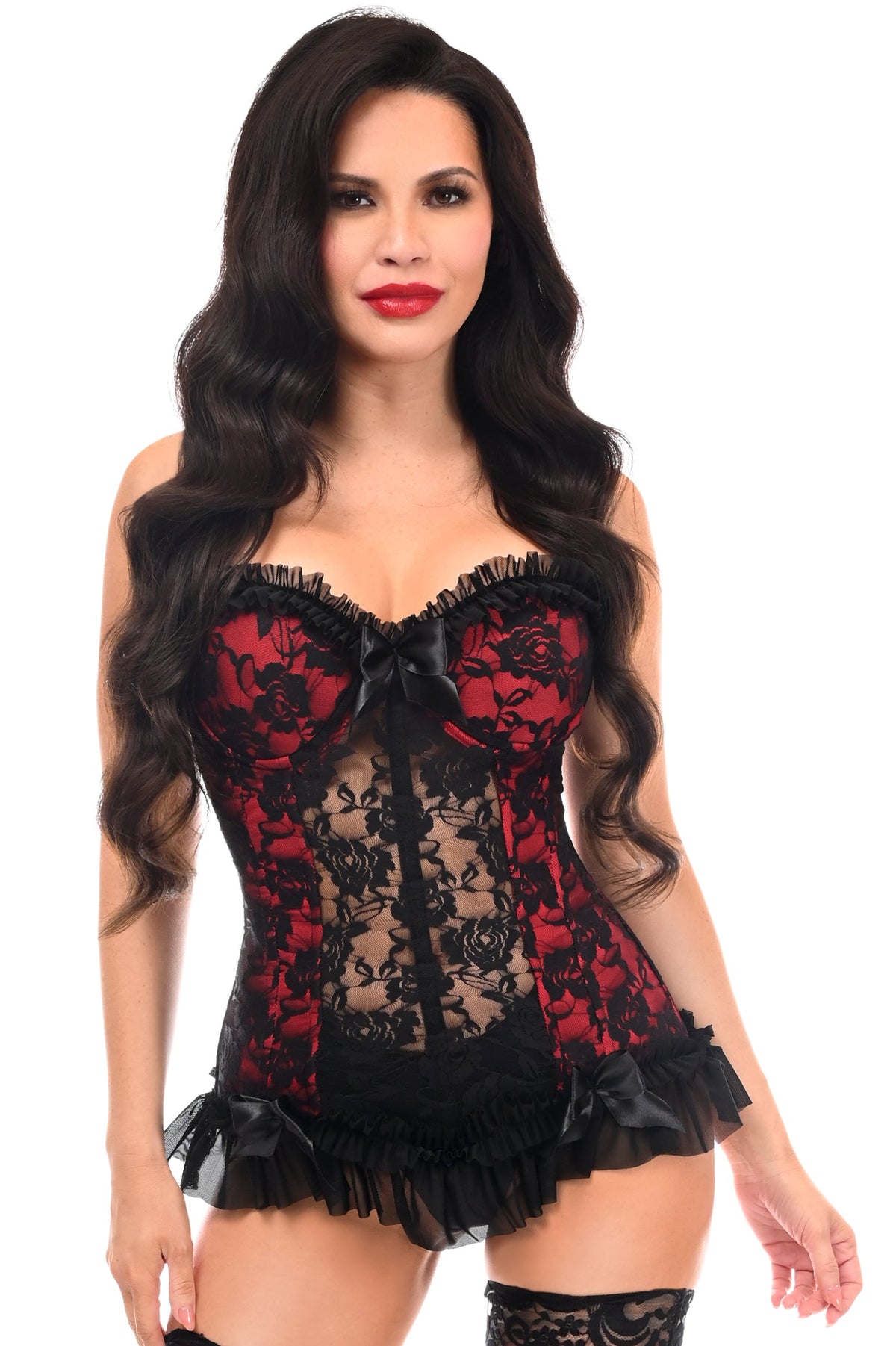 Daisy Corsets Lavish Red w/Black Lace & Lycra Hook & Eye Stretch Bustier Corset