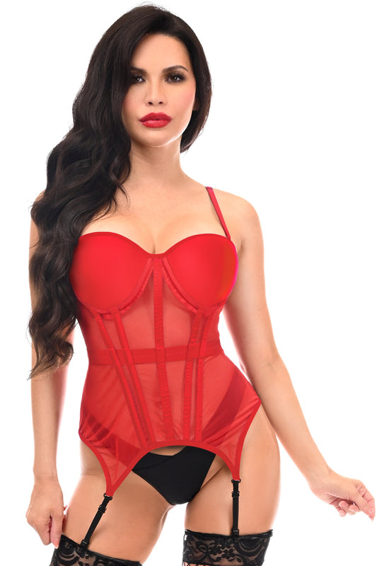 Daisy Corsets Lavish Red Mesh Underwire Bustier Corset w/Garters - Daisy Corsets