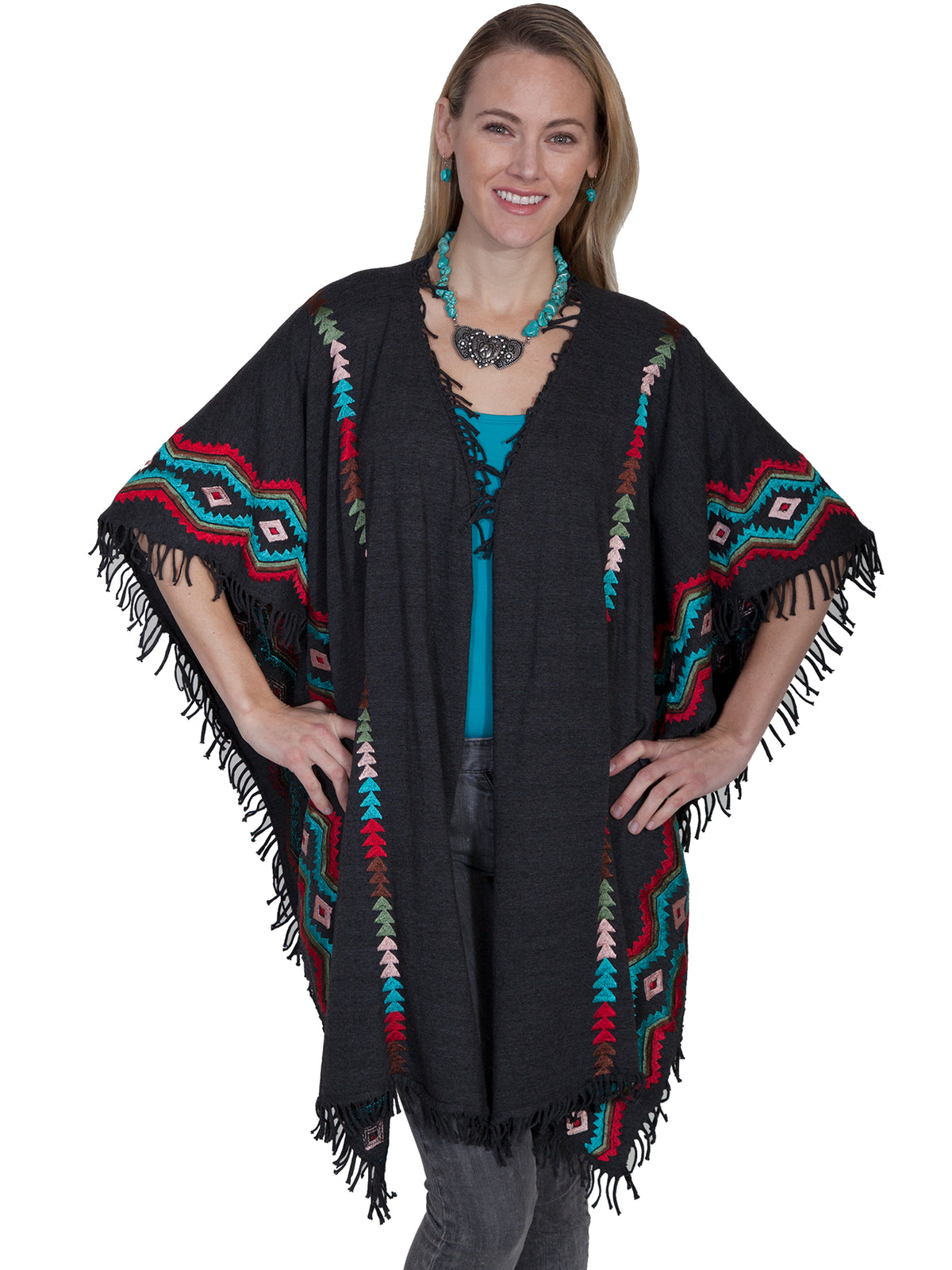 Scully Leather limited edition grey embroidered wrap w/fringe