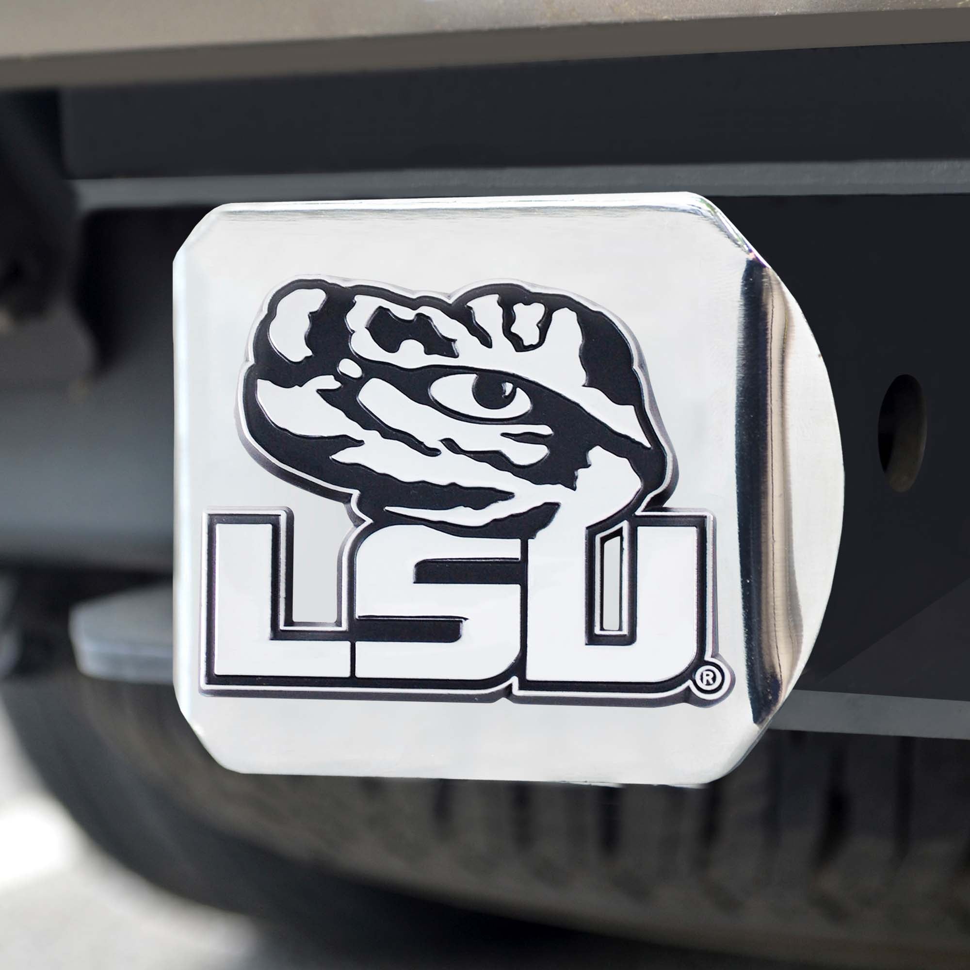 LSU Tigers Chrome Metal Hitch Cover with Chrome Metal 3D Emblem