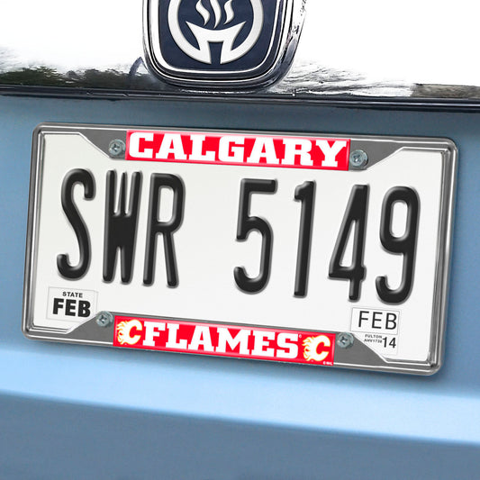 Calgary Flames Chrome Metal License Plate Frame, 6.25in x 12.25in - Calgary Flames