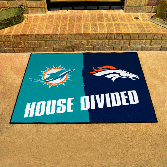 NFL House Divided - Dolphins / Broncos House Divided Rug - 34 in. x 42.5 in. - NFL House Divided - Dolphins / Broncos