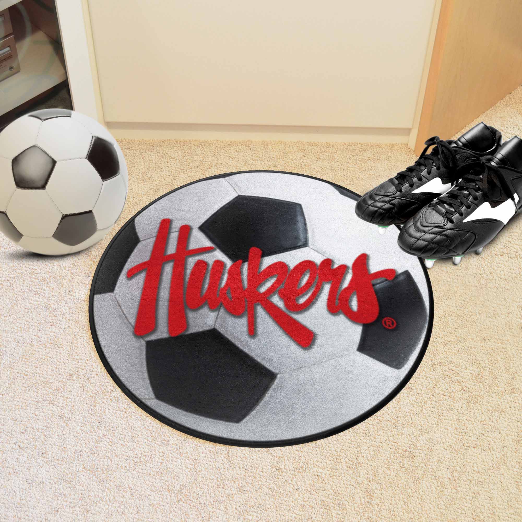 Nebraska Cornhuskers Soccer Ball Rug - 27in. Diameter, "Huskers" - Nebraska