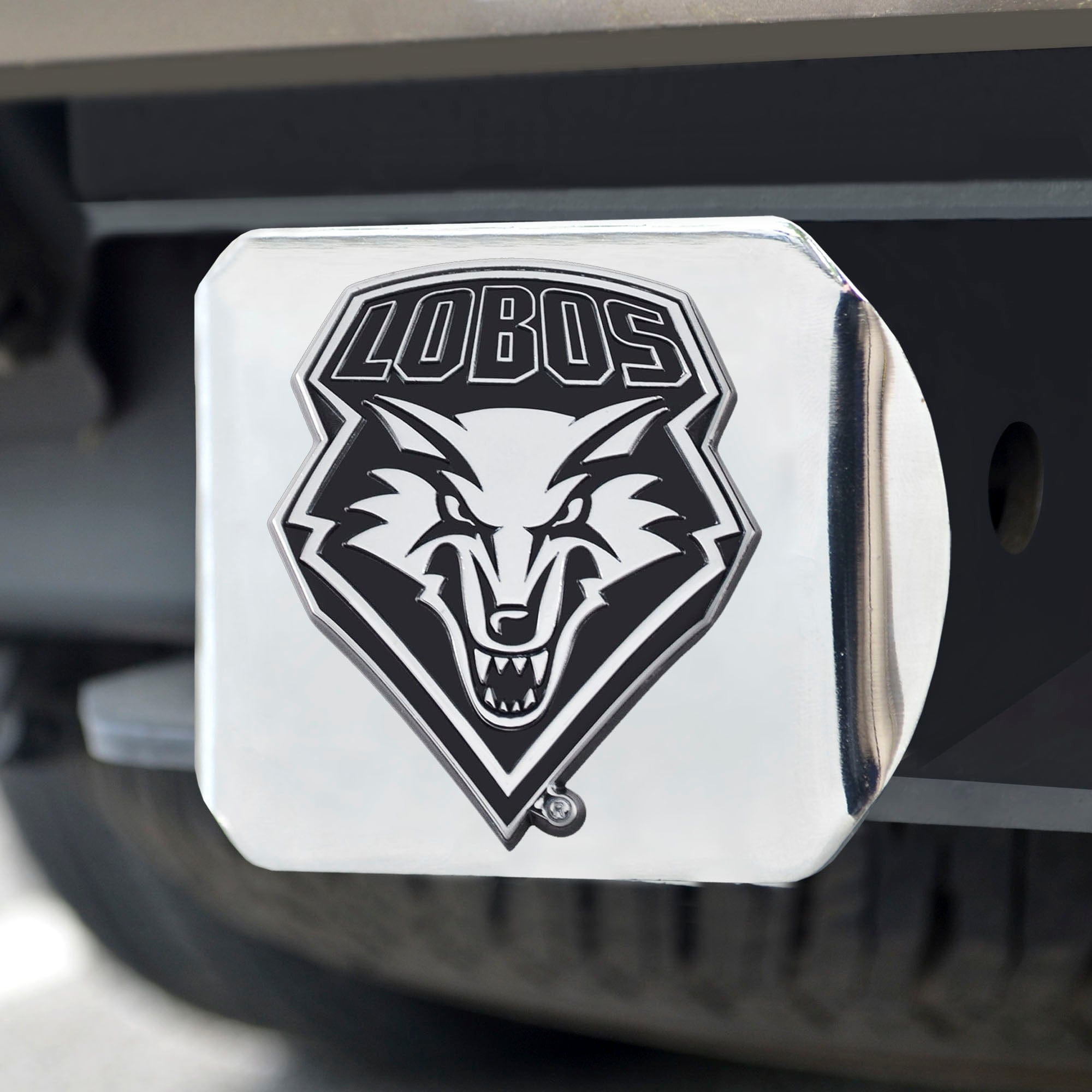 New Mexico Lobos Chrome Metal Hitch Cover with Chrome Metal 3D Emblem - New Mexico