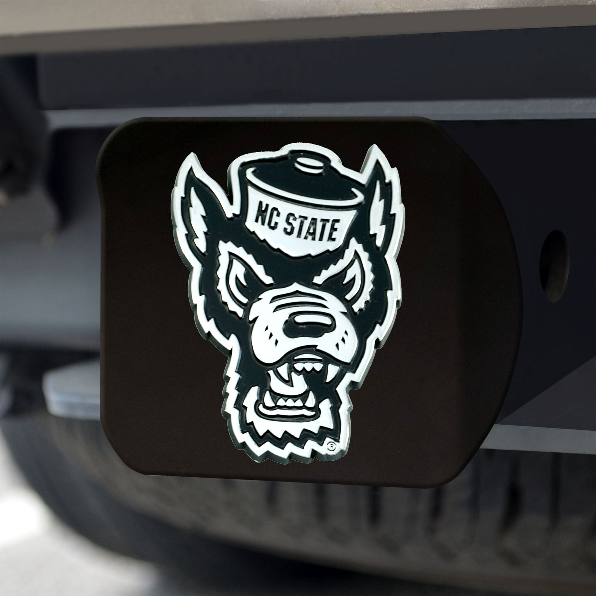 NC State Wolfpack Black Metal Hitch Cover with Metal Chrome 3D Emblem - NC State