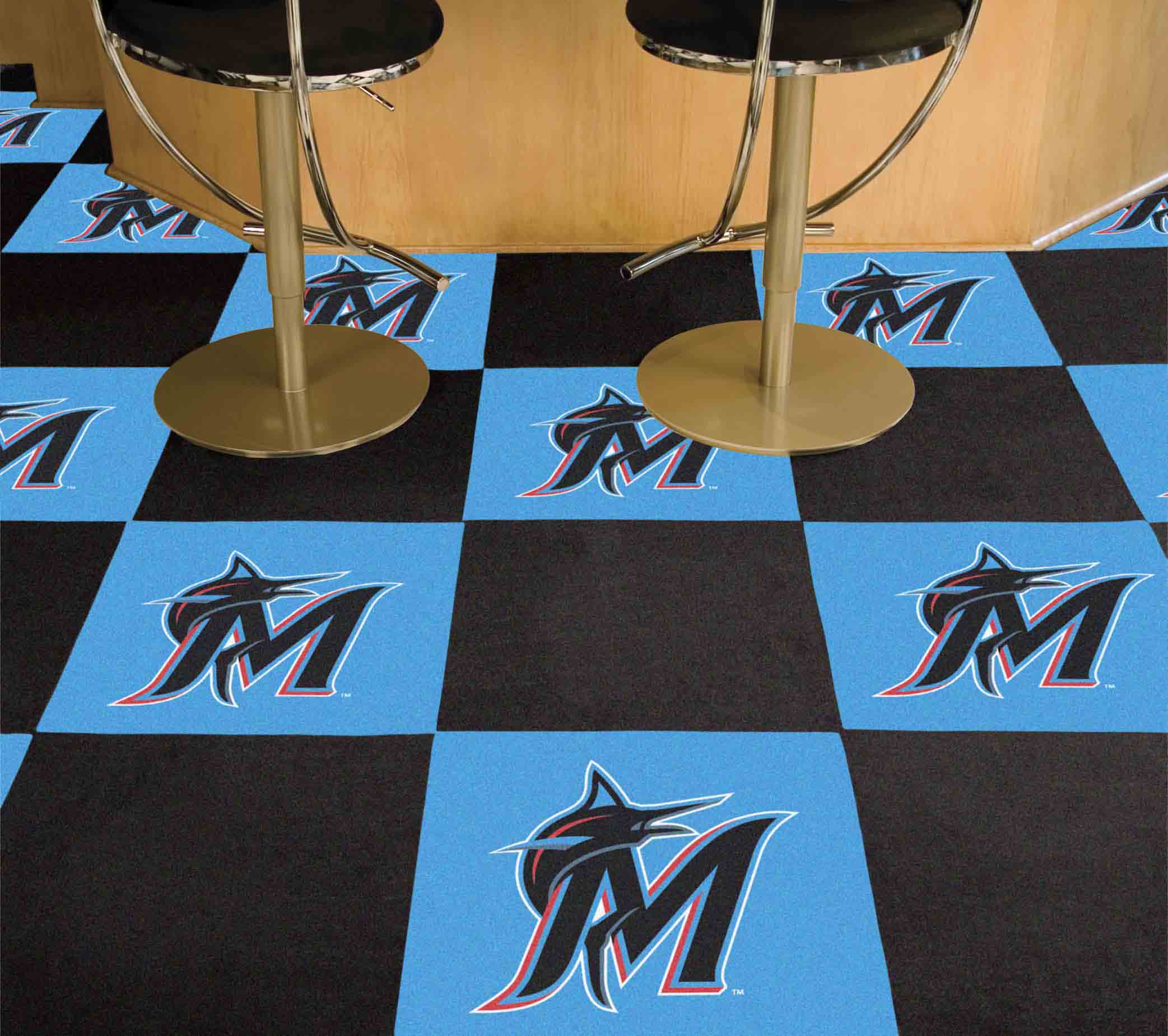 Miami Marlins Team Carpet Tiles - 45 Sq Ft. With Logo on Teal