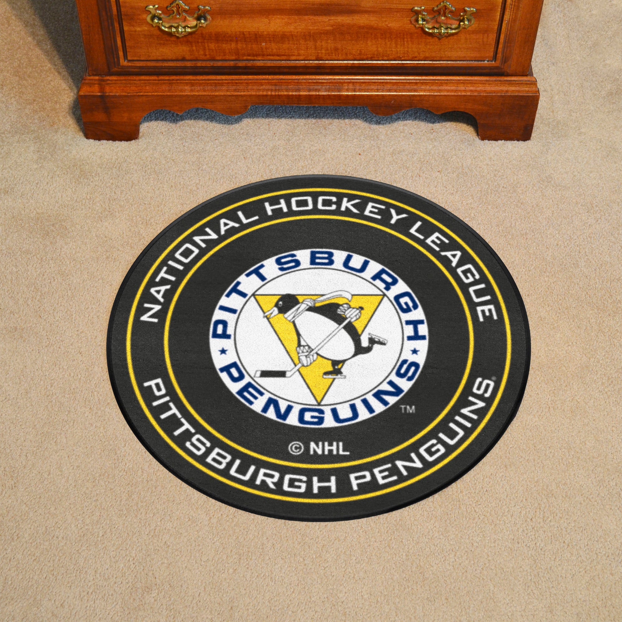 Retro NHL Pittsburgh Penguins Hockey Puck Rug - 27in. Diameter - Pittsburgh Penguins