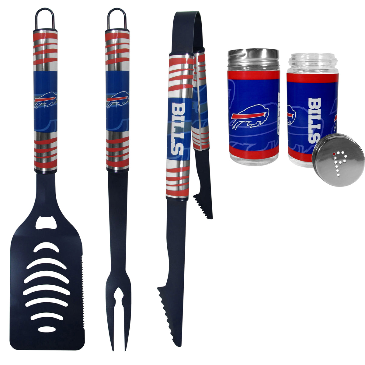 Buffalo Bills 3pc Color BBQ Tools w/Salt & Pepper Shakers