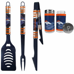 Denver Broncos 3pc Color BBQ Tools w/Salt & Pepper Shakers