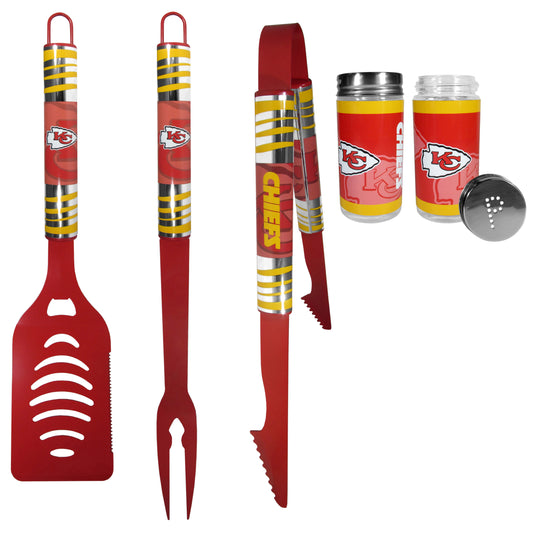 Kansas City Chiefs 3pc Color BBQ Tools w/Salt & Pepper Shakers