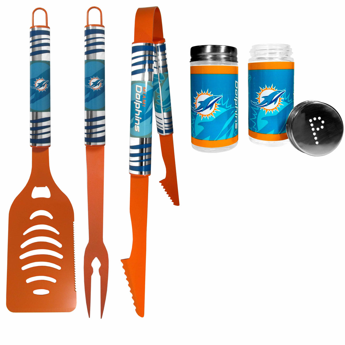 Miami Dolphins 3pc Color BBQ Tools w/Salt & Pepper Shakers - Miami Dolphins