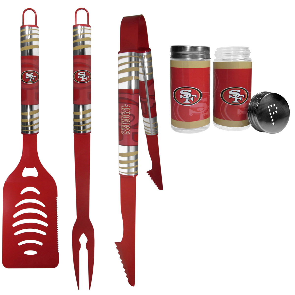 San Francisco 49ers 3pc Color BBQ Tools w/Salt & Pepper Shakers