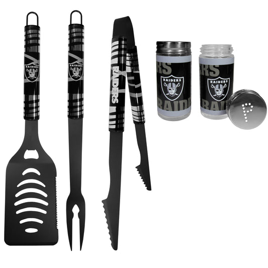 Juego de 3 utensilios para barbacoa de colores de los Las Vegas Raiders con salero y pimentero