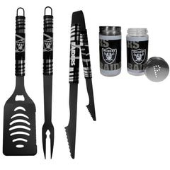 Las Vegas Raiders 3pc Color BBQ Tools w/Salt & Pepper Shakers