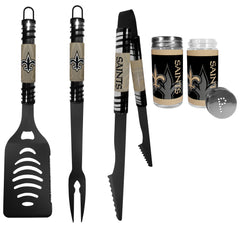 New Orleans Saints 3pc Color BBQ Tools w/Salt & Pepper Shakers