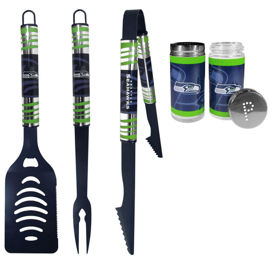 Seattle Seahawks 3pc Color BBQ Tools w/Salt & Pepper Shakers