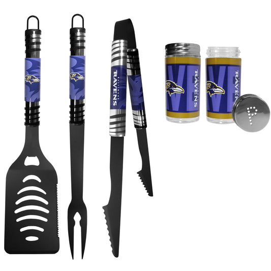 Baltimore Ravens 3pc Color BBQ Tools w/Salt & Pepper Shakers