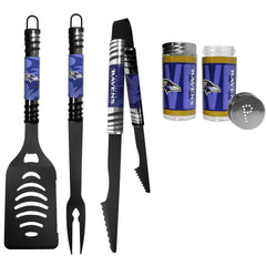 Baltimore Ravens 3pc Color BBQ Tools w/Salt & Pepper Shakers