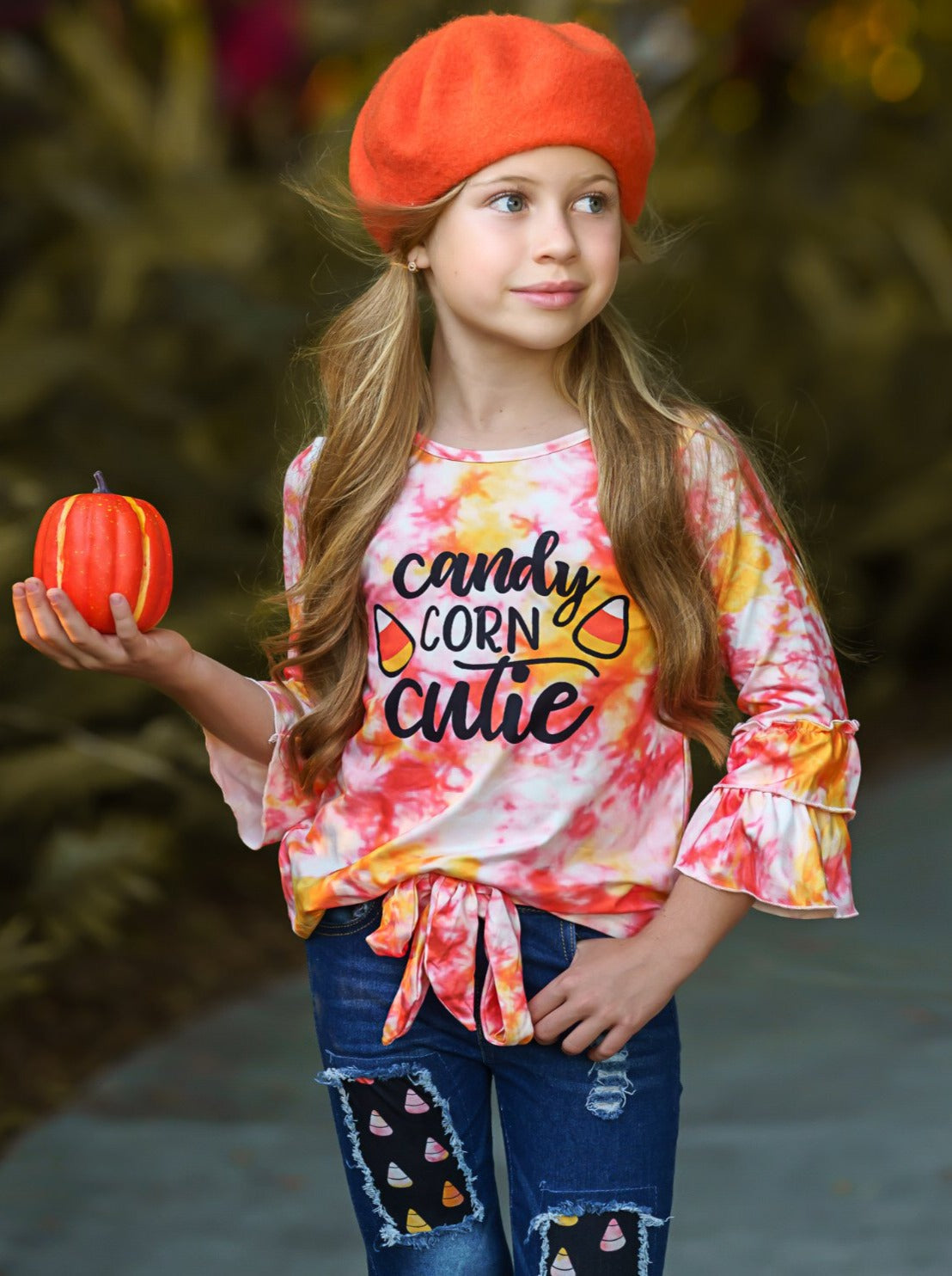 Candy Corn Cutie Top and Patched Jeans Set