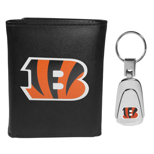 Cincinnati Bengals Leather Tri-fold Wallet & Steel Key Chain