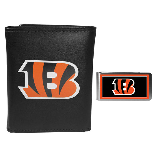 Cincinnati Bengals Leather Tri-fold Wallet & Color Money Clip