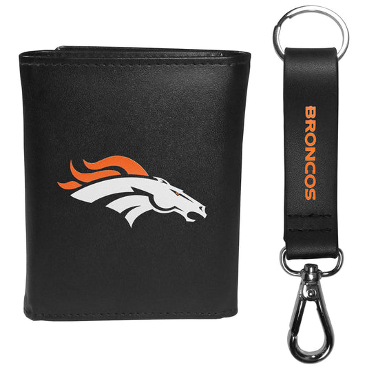 Denver Broncos Leather Tri-fold Wallet & Strap Key Chain