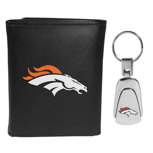 Denver Broncos Leather Tri-fold Wallet & Steel Key Chain