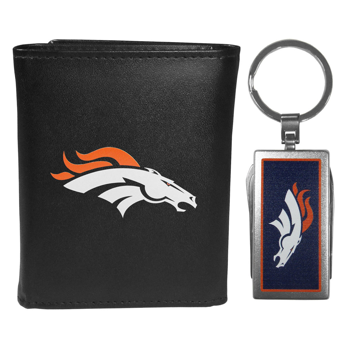 Denver Broncos Leather Tri-fold Wallet & Multitool Key Chain Black