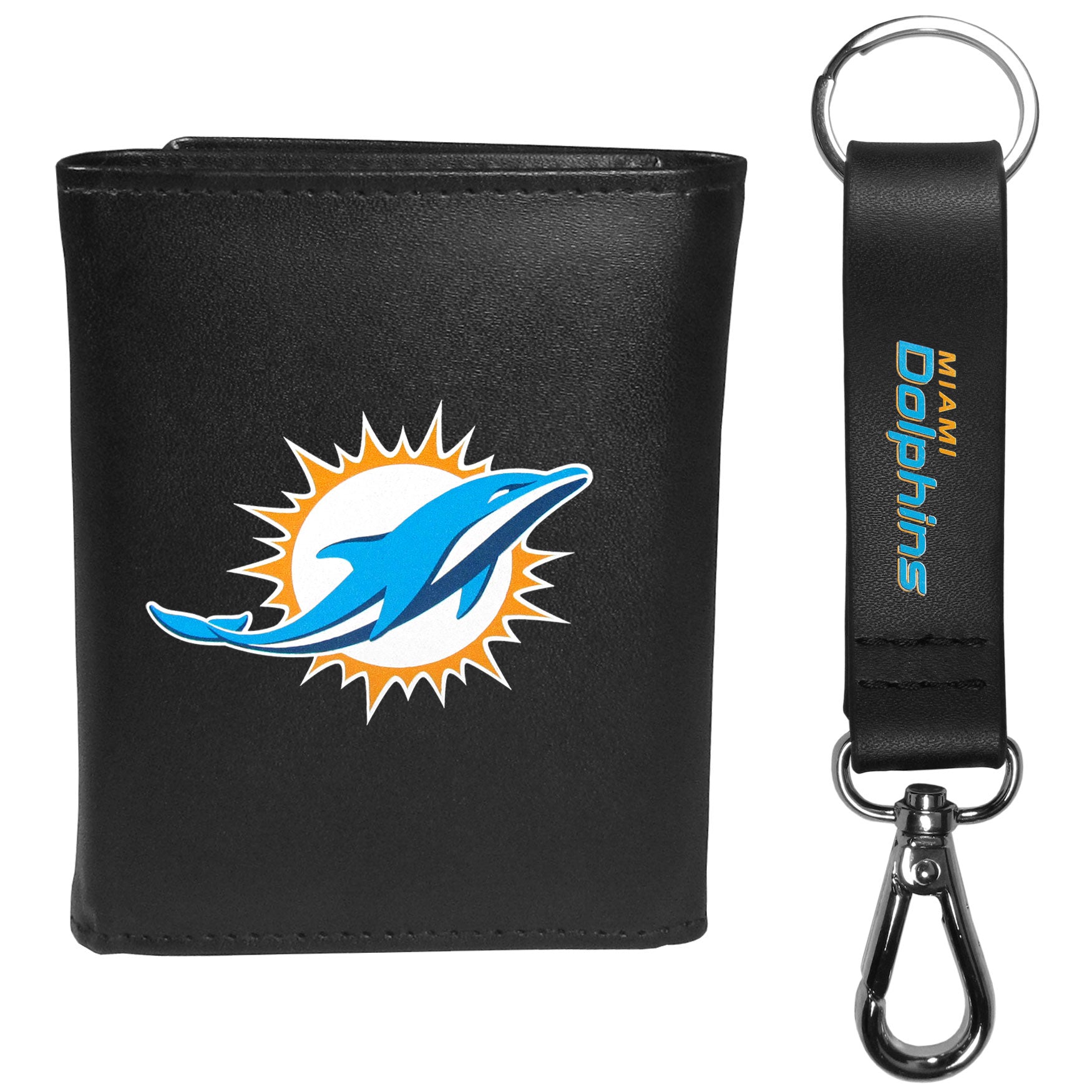 Miami Dolphins Leather Tri-fold Wallet & Strap Key Chain