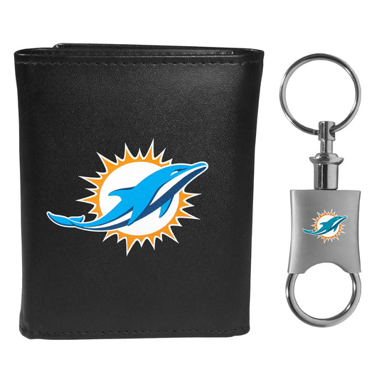 Miami Dolphins Leather Tri-fold Wallet & Valet Key Chain