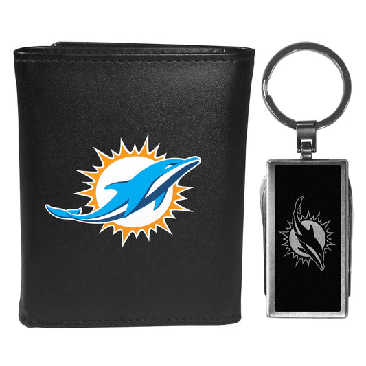 Miami Dolphins Leather Tri-fold Wallet & Multitool Key Chain