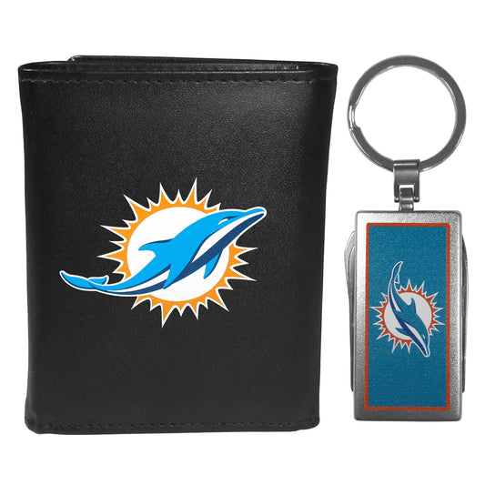 Miami Dolphins Leather Tri-fold Wallet & Multitool Key Chain Black