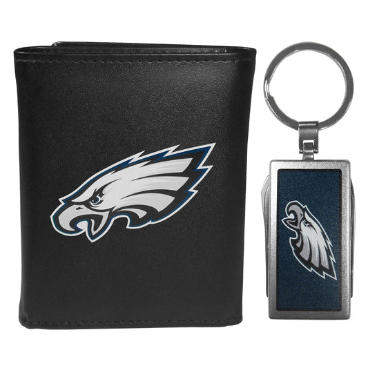 Philadelphia Eagles Leather Tri-fold Wallet & Multitool Key Chain Black