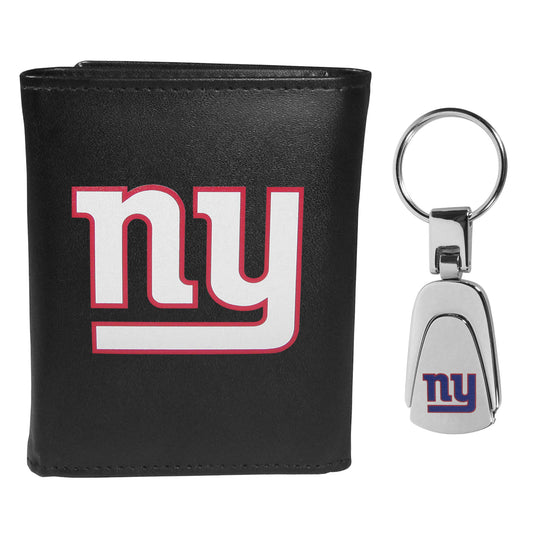 New York Giants Leather Tri-fold Wallet & Steel Key Chain - New York Giants