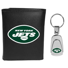 New York Jets Leather Tri-fold Wallet & Steel Key Chain