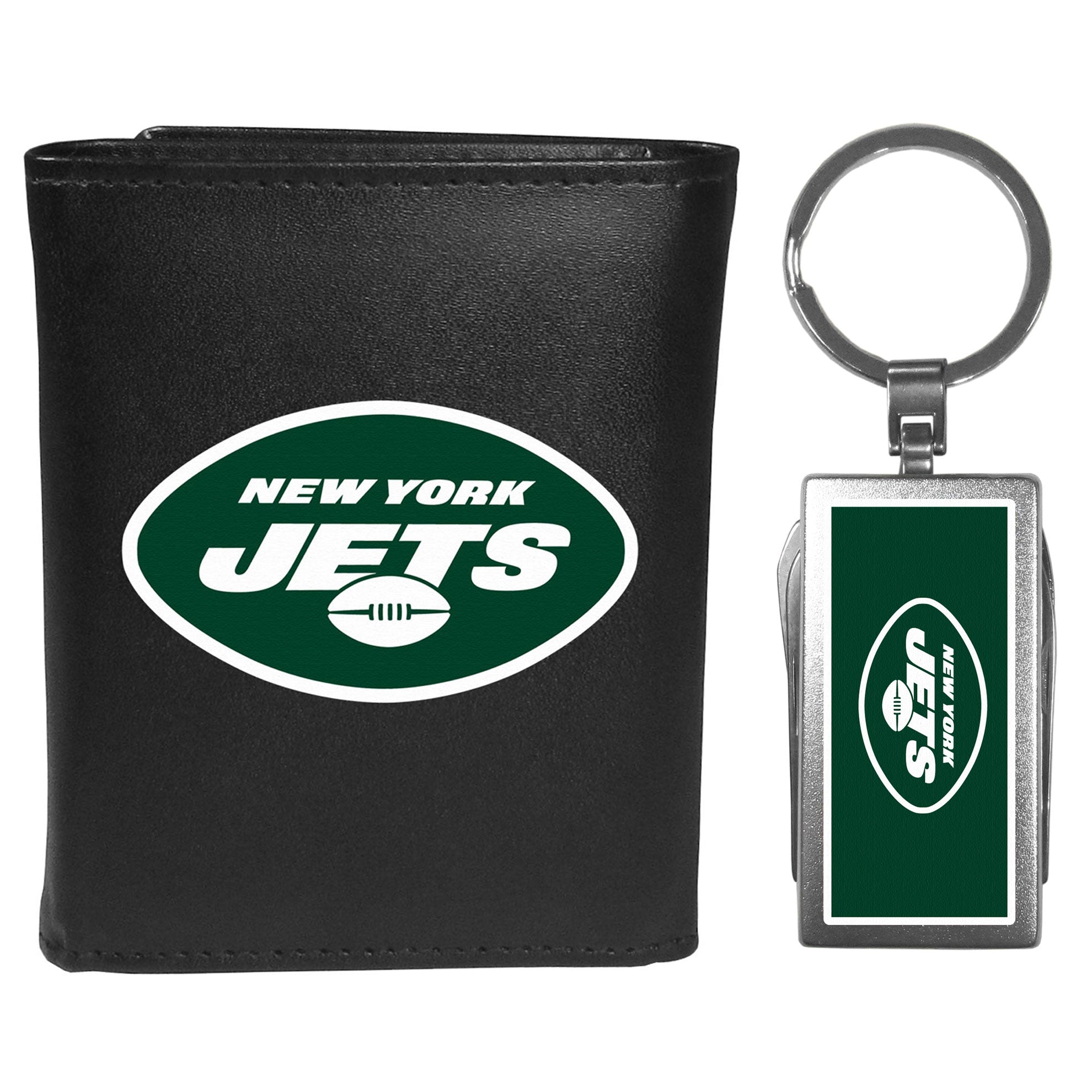 New York Jets Leather Tri-fold Wallet & Multitool Key Chain Black