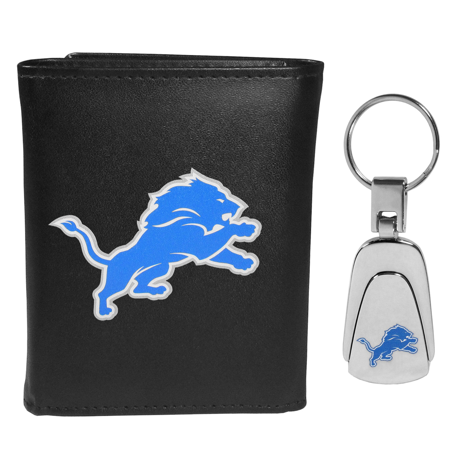 Detroit Lions Leather Tri-fold Wallet & Steel Key Chain