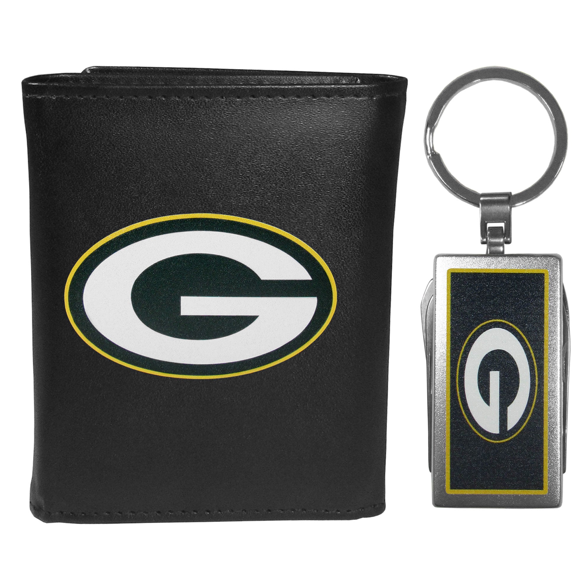 Green Bay Packers Leather Tri-fold Wallet & Multitool Key Chain Black